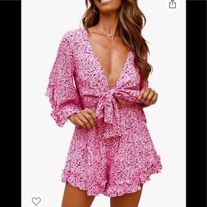 Womens Romper- Floral Print V Neck Elastic Waist Tie Front